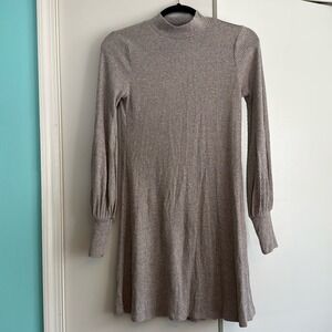 Express Ribbed Mock Neck Lantern Sleeve Mini Dress‎ Taupe Grey XS